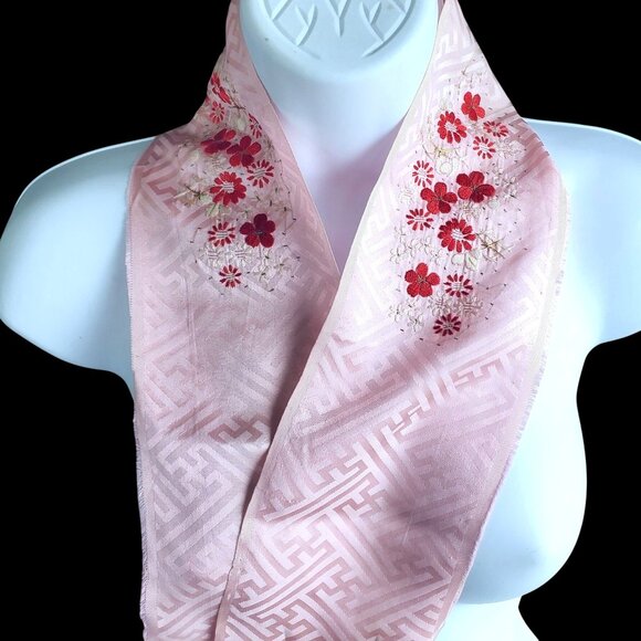 Handmade Accessories - Vintage Japanese Haneri Kimono Collar Pink Silk Sakura Blossom Embroidery 34 in
